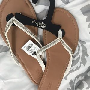 NWT rhinestone white and tan flip flops
